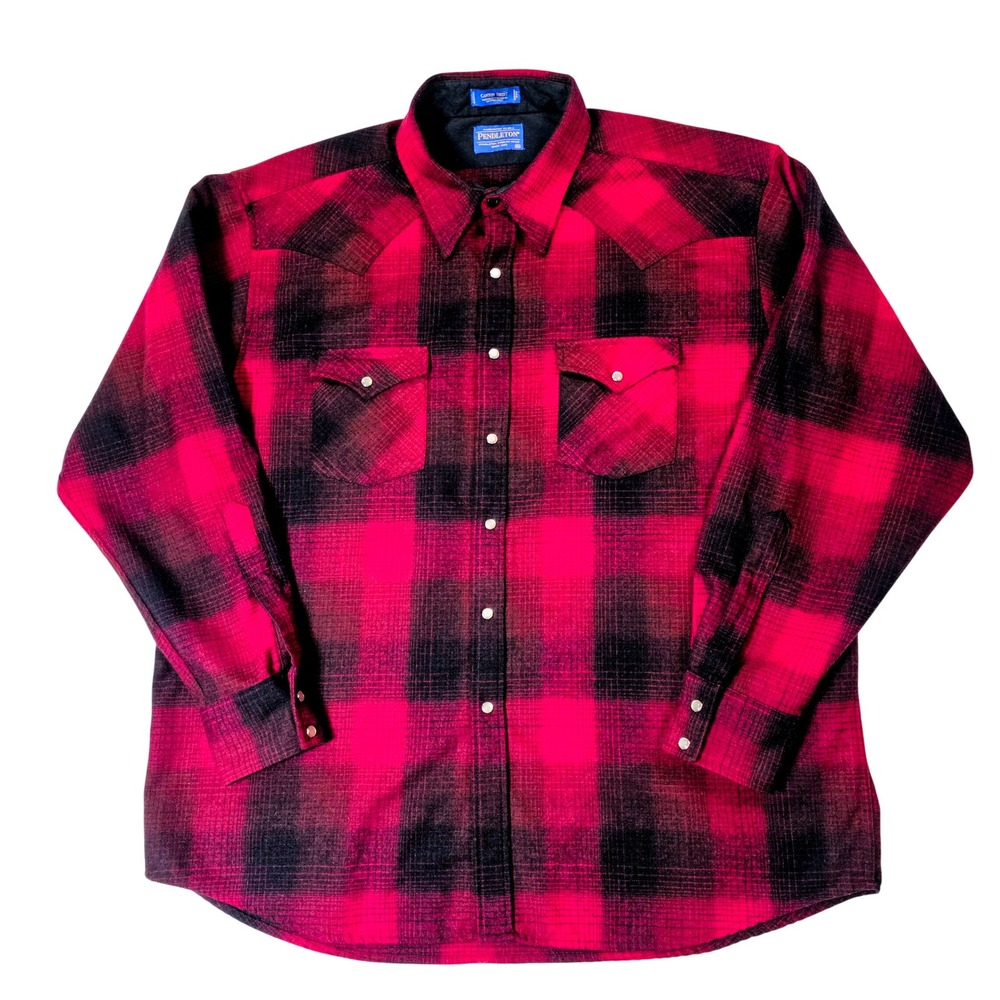 Pendleton Mens Canyon Shirt Red Black Wool Pearl Snap Western Plaid LG Vintage‎